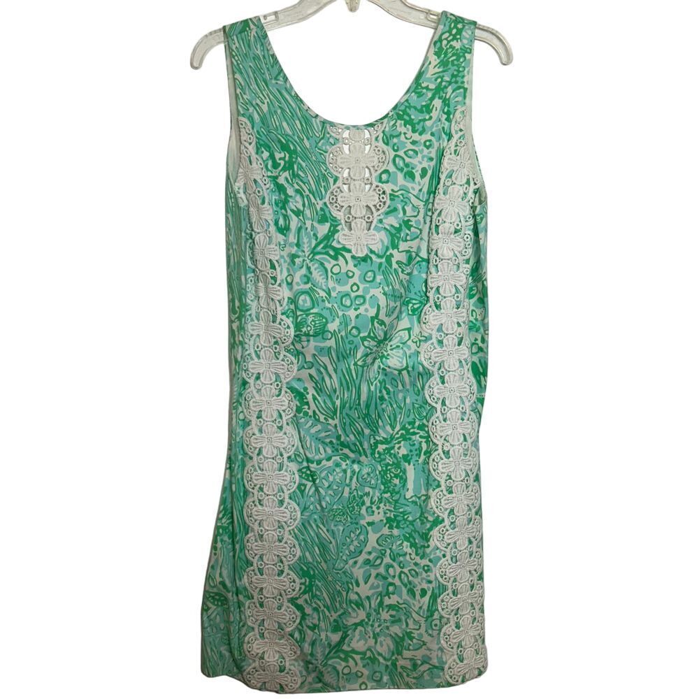 NWT Lilly Pulitzer Green Cotton White Lace Trim Sleeveless Dress Size 14